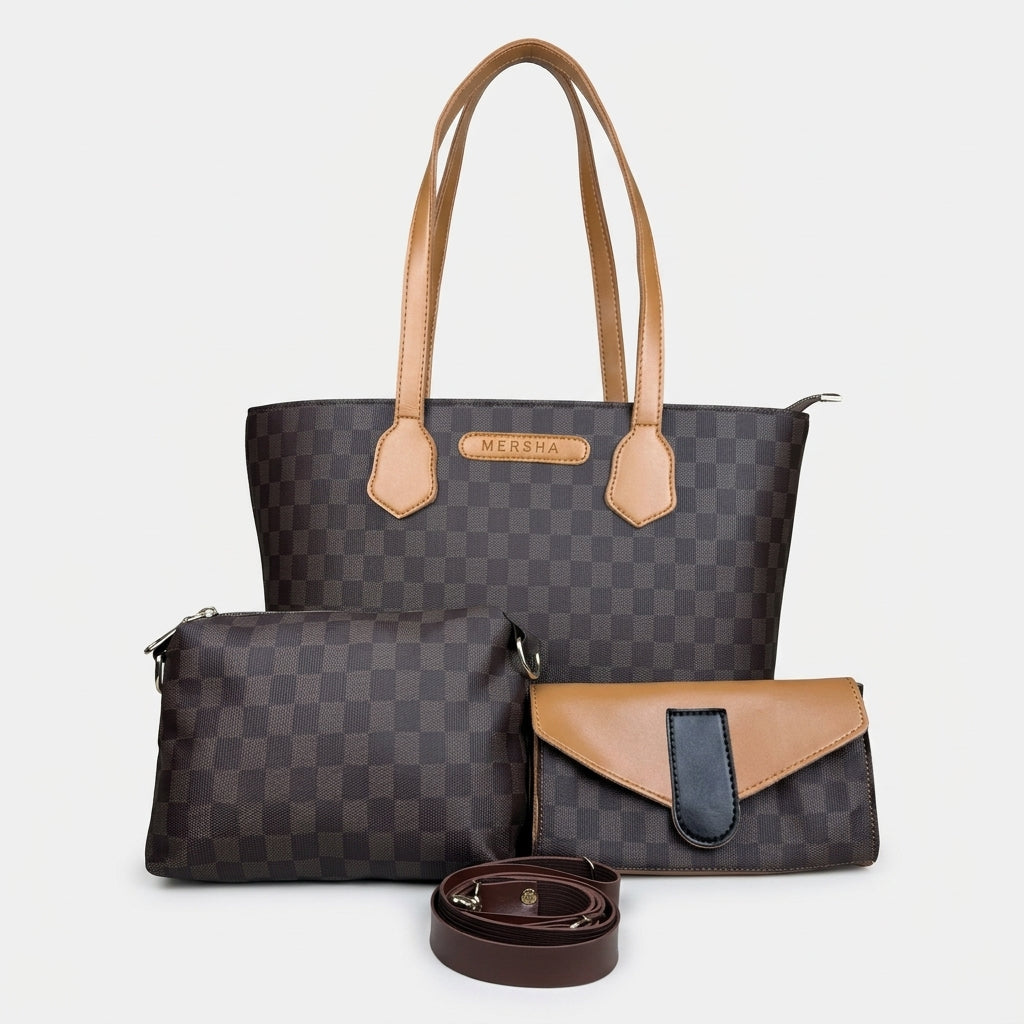 mersha-light-brown-checked-tote-3-piece-set