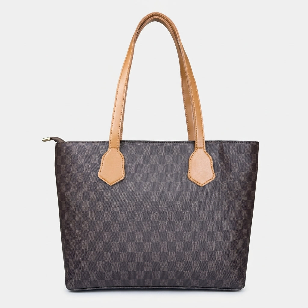 mersha-light-brown-checked-tote-3-piece-set