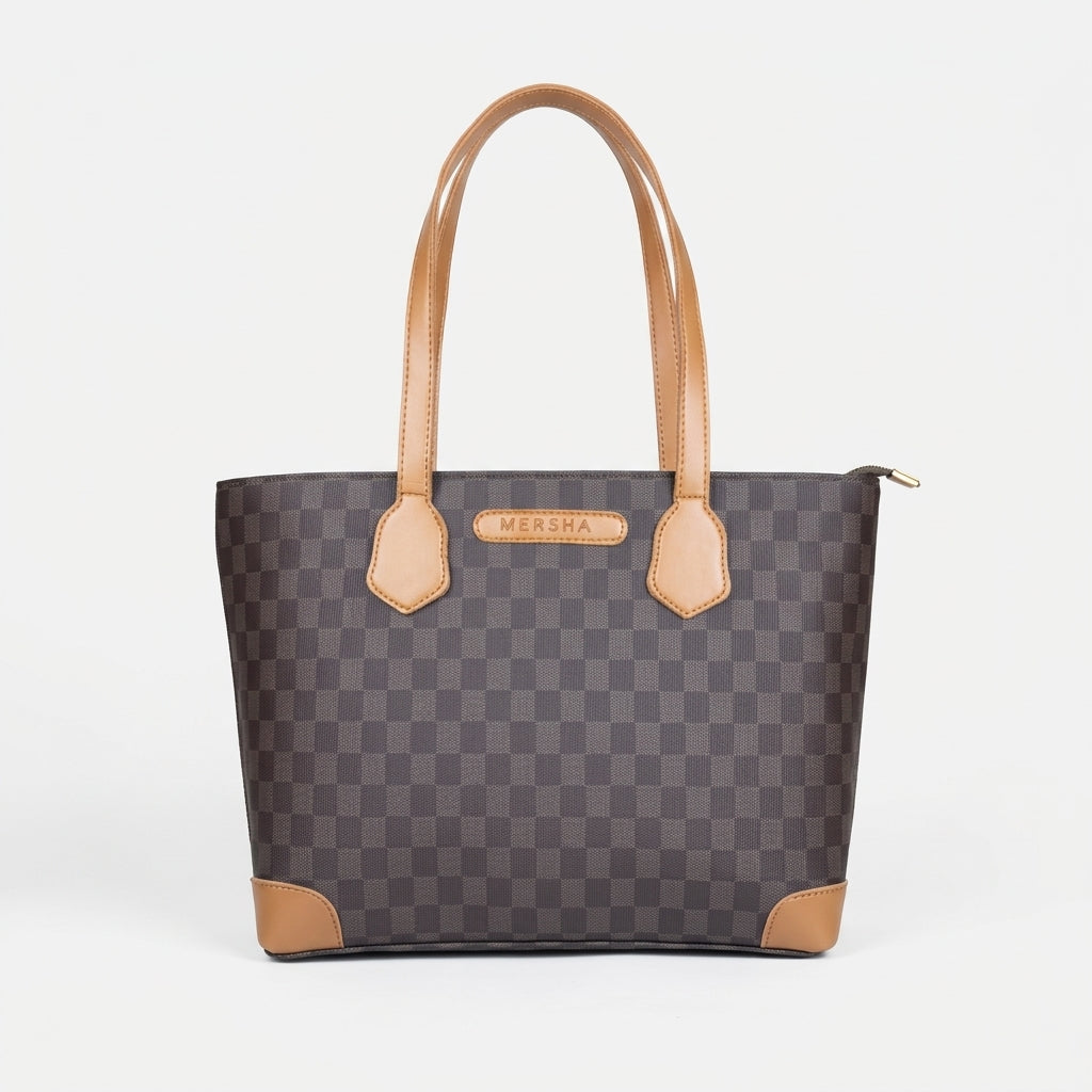 mersha-light-brown-checked-tote-3-piece-set
