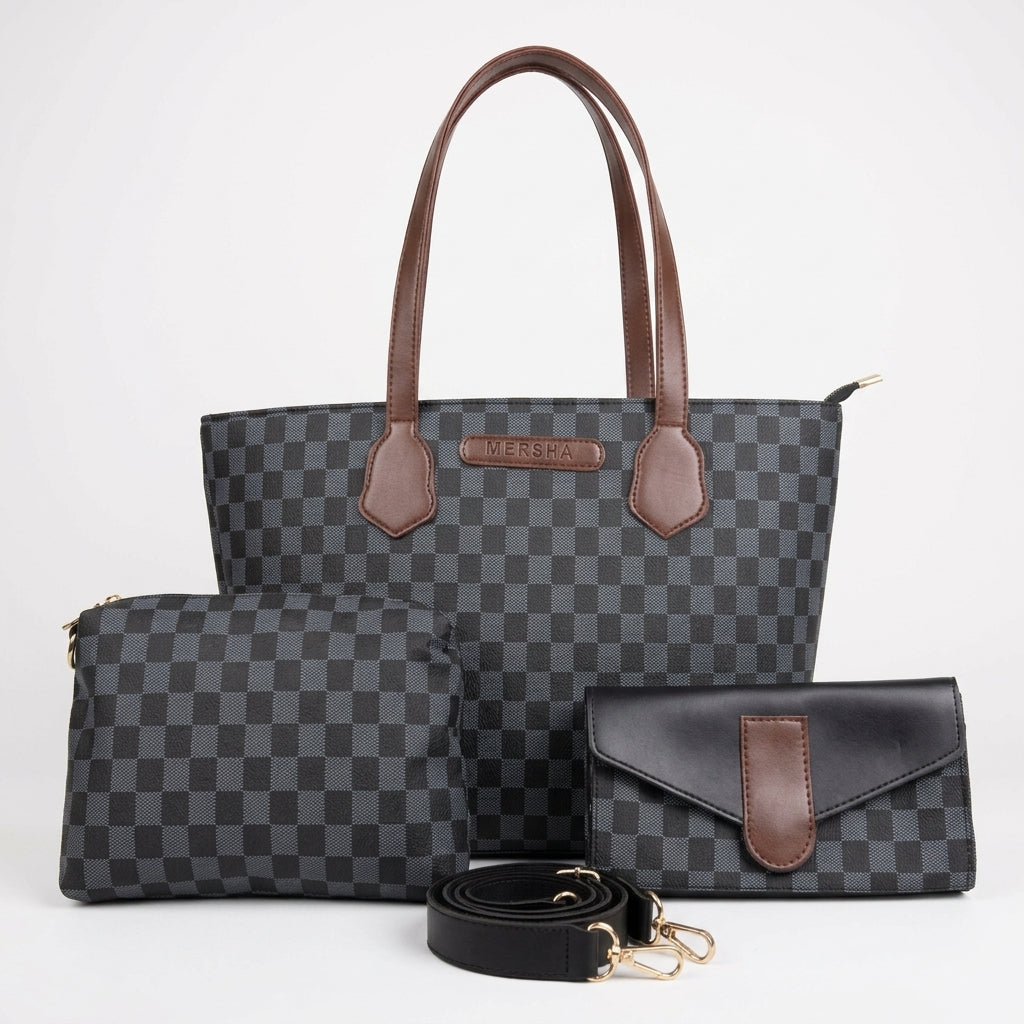 mersha-dark-brown-checked-tote-3-piece-set