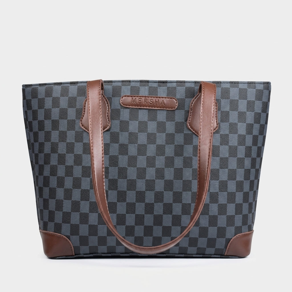mersha-dark-brown-checked-tote-3-piece-set