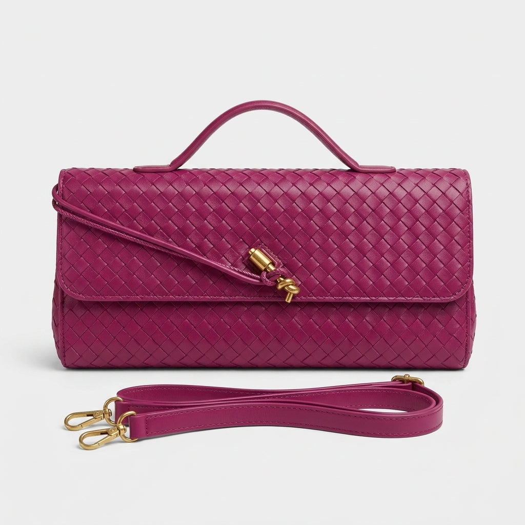 magenta-woven-leather-knot-shoulder-bag