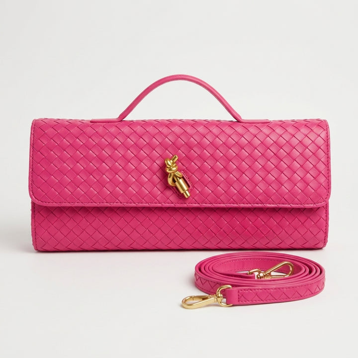 Pink Woven Leather Knot Shoulder Bag